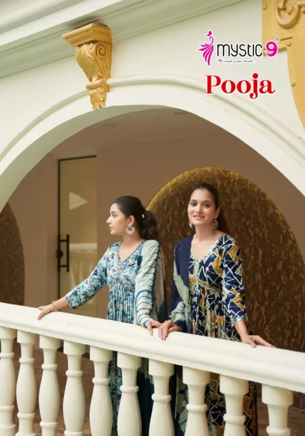 Mystic 9 Pooja Vol 8 Rayon Aliya Cut Kurti Bottom With Dupatta Catalog Collection