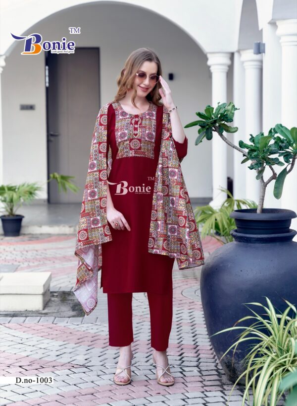 Bonie Divya Vol 1 Heavy Rayon Stylish Kurti Bottom With Dupatta Catalog Collection Wholesaler - Image 11