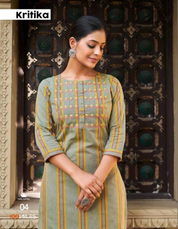 100 Miles Kritika Cotton Printed Embroidered Kurti Catalog Collection Wholesale Supplier