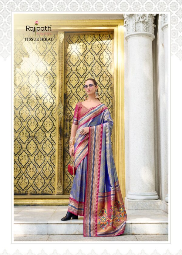 Rajpath Rajmata Tissue Silk Ikkat Pattern Fancy Saree Catalog Collection - Image 6