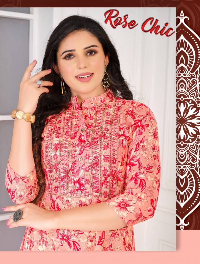 Beauty Rose Chic Foil Printed Rayon Anarkali Kurtis Catalog Collection Wholesale