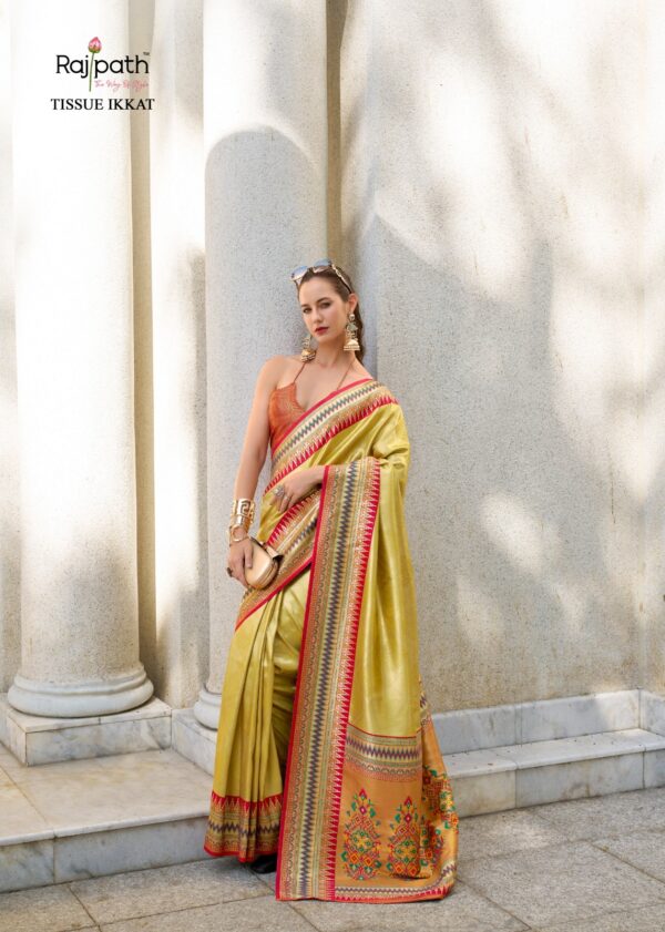 Rajpath Rajmata Tissue Silk Ikkat Pattern Fancy Saree Catalog Collection - Image 8