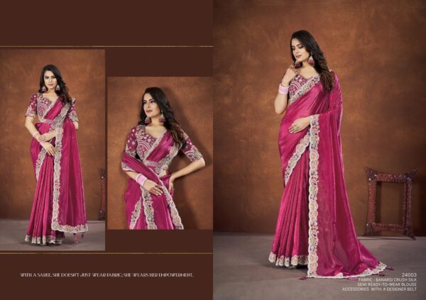 Mahotsav Mohmanthan Saha Saki 24003 Banarasi Crush Silk Festival Saree Catalog Collection Wholesale - Image 3