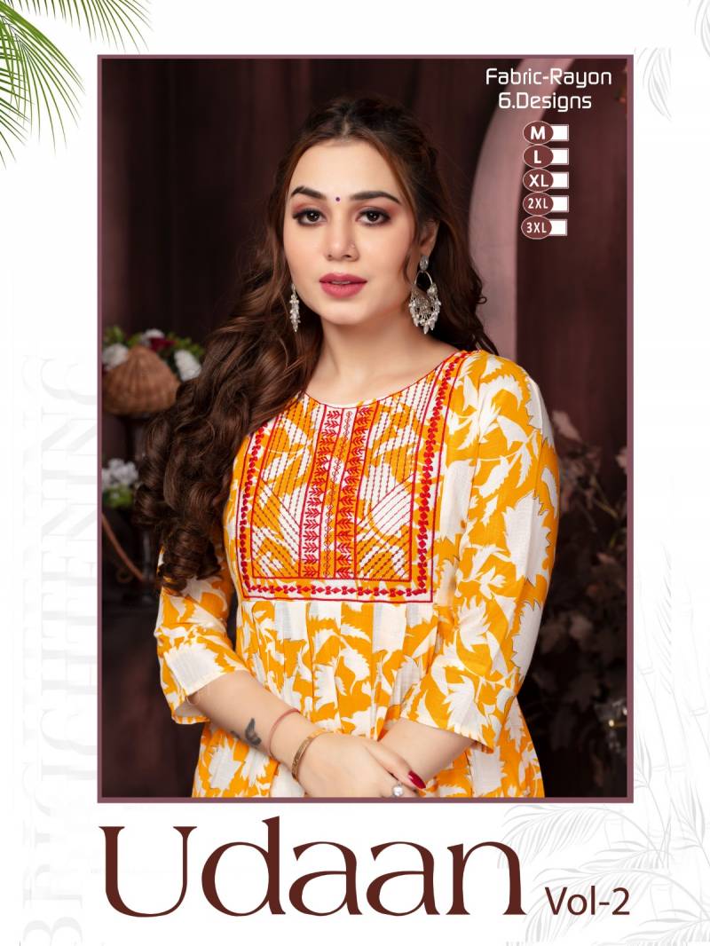 Trendy Udaan Vol 2 Rayon Printed Embroidery Anarkali Kurtis Catalog Collection Wholesale