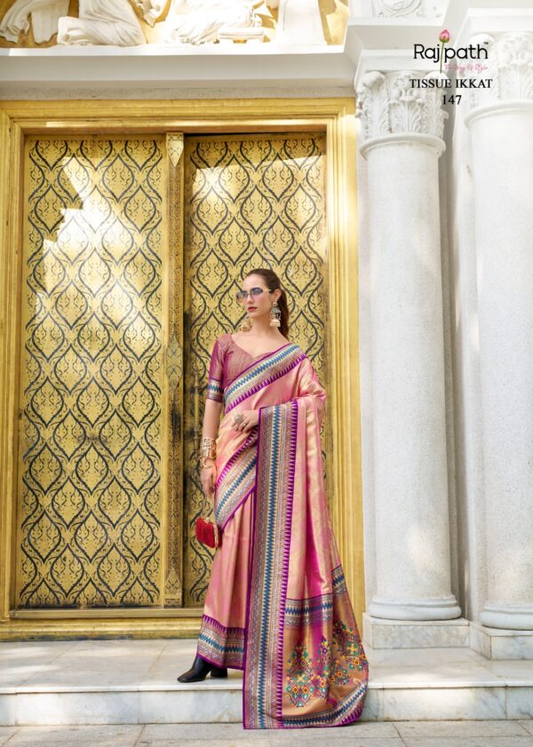Rajpath Rajmata Tissue Silk Ikkat Pattern Fancy Saree Catalog Collection - Image 9