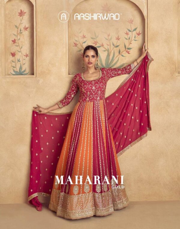 Aashirwad Maharani Gold Georgette Gown With Dupatta Wholesale Catalog Collection