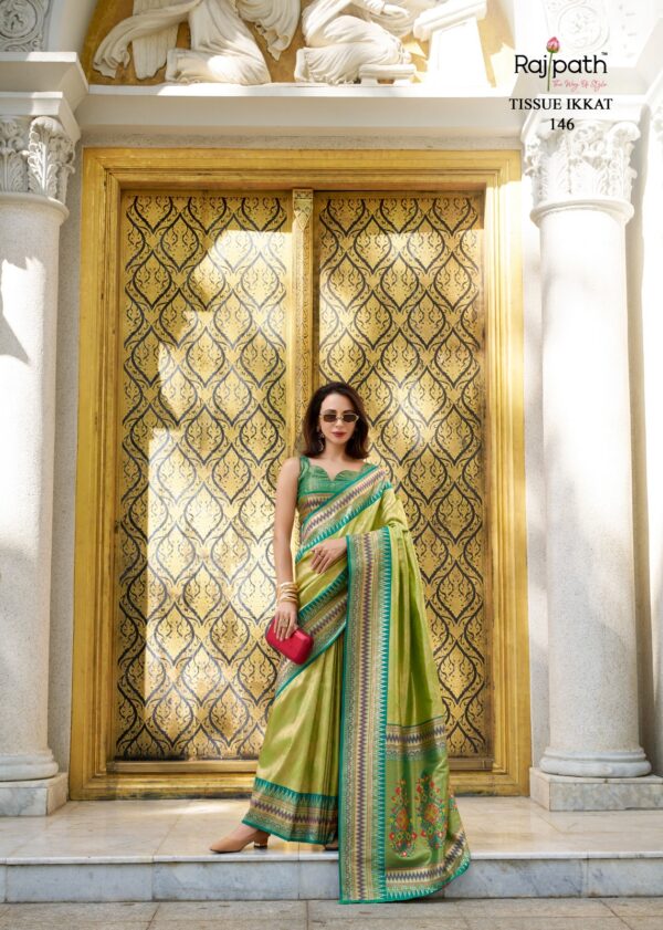 Rajpath Rajmata Tissue Silk Ikkat Pattern Fancy Saree Catalog Collection - Image 4
