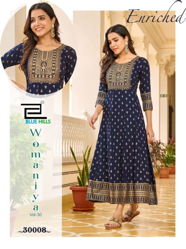 Blue Hills Womaniya Vol 30 Rayon Foil Printed Anarkali Kurti Collection - Image 8
