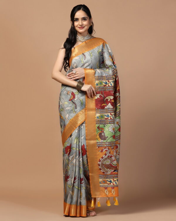 Tusser Kalamkari 1 Fancy Printed Silk Saree Catalog Collection - Image 8