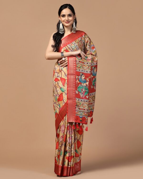 Tusser Kalamkari 1 Fancy Printed Silk Saree Catalog Collection - Image 9