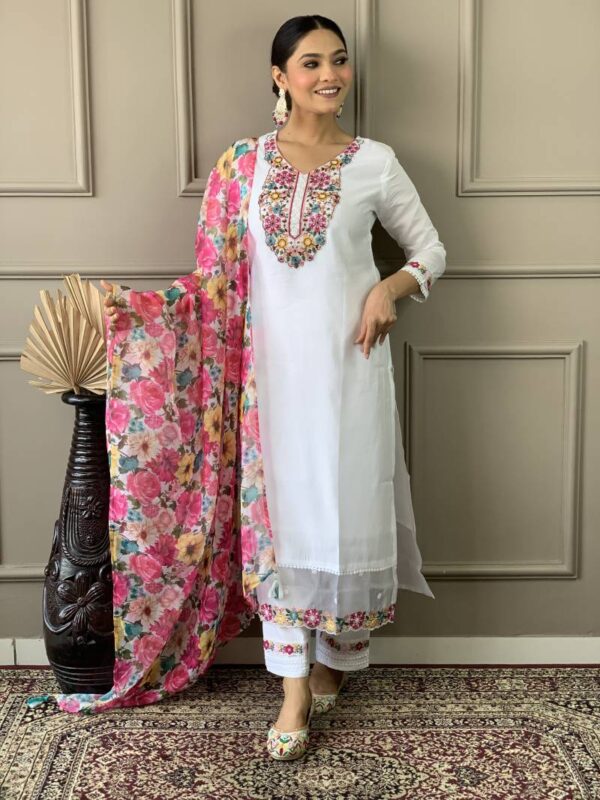 Sku 551 Off White Chanderi Embroidered Kurti Bottom With Dupatta - Image 2