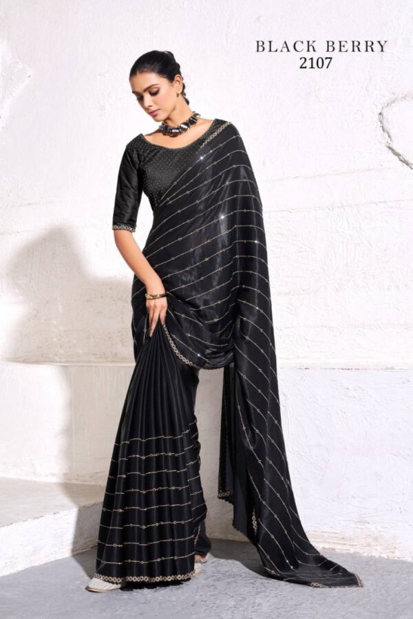 Kala Jamun Black Berry Satin With Zarkan Handwork Saree Collection - Image 5