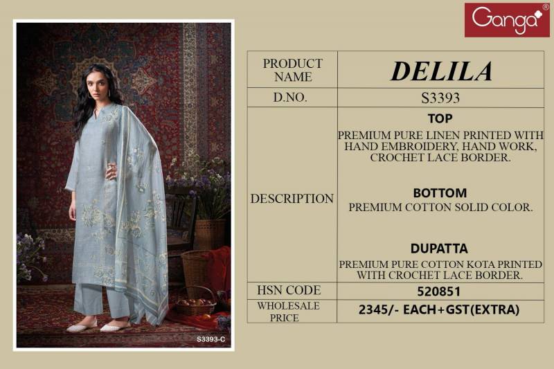 Ganga Delila Linen Printed Embroidered Salwar Suit Collection - Image 7