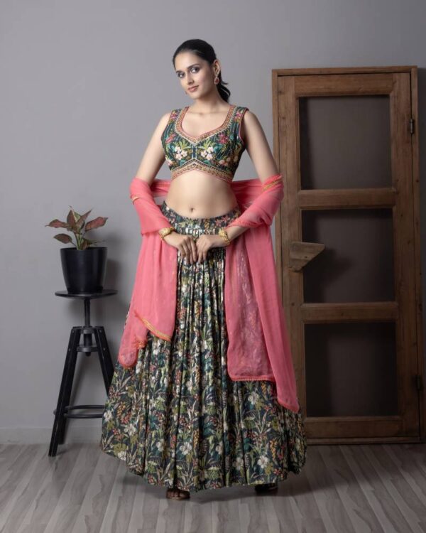 Tcs 110 Bottle Green Organza Digital Printed Designer Lehenga Choli - Image 3