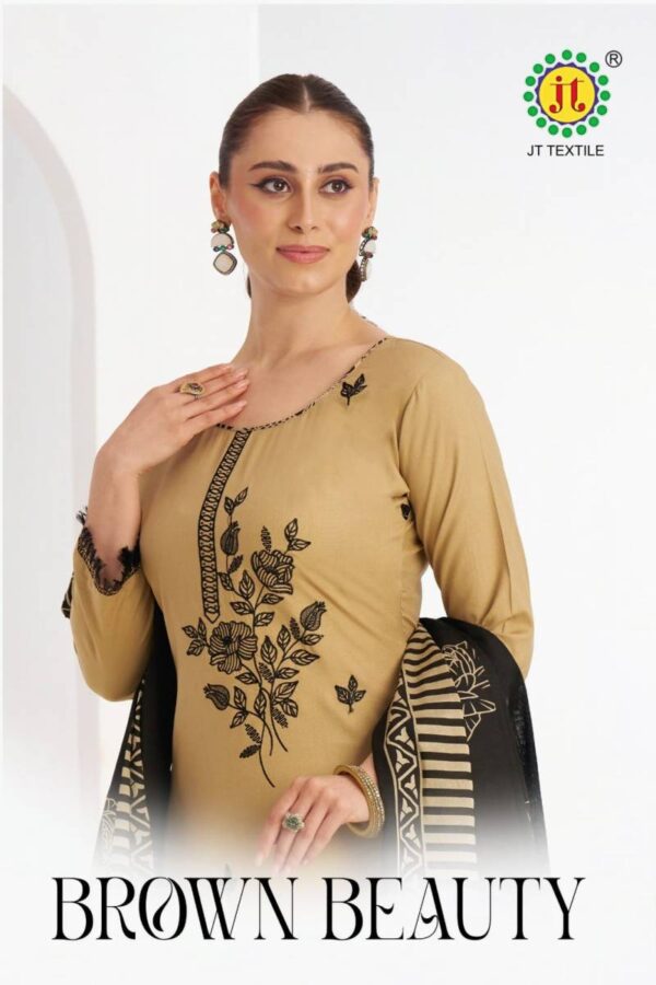Jt Brown Beauty Rayon Embroidered Dress Material Catalog Wholesale Collection