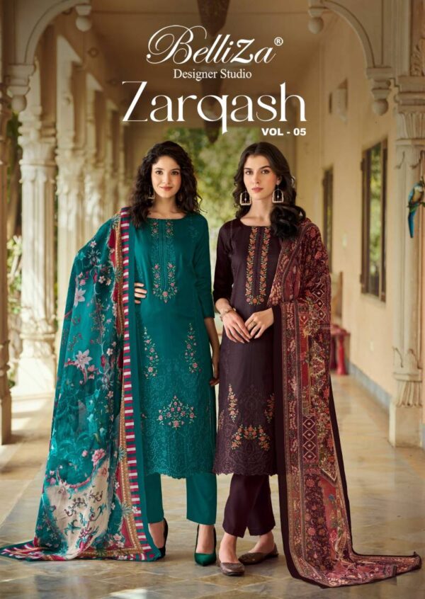 Belliza Zarqash Vol 5 Jam Embroidered Dress Material Catalog Wholesale Collection