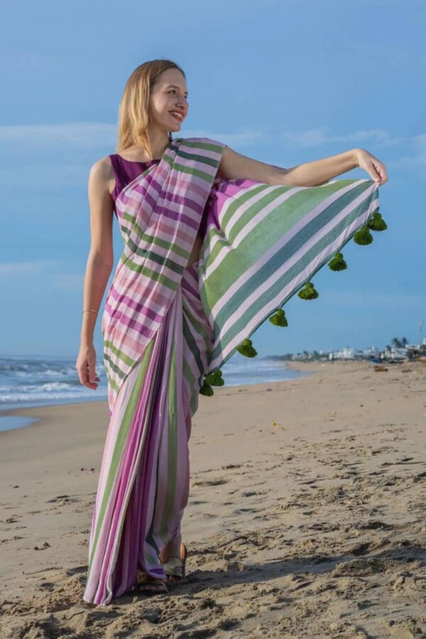 Kz Stripe Cotton Saree 1 Maslin Cotton Digital Geometric Stripe Printed Saree Catalog Wholesale Collection - Image 2