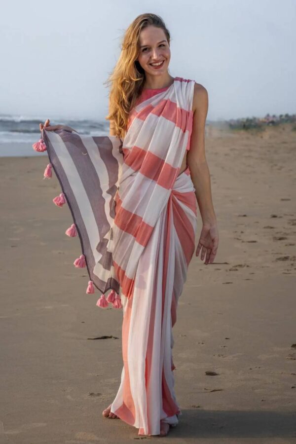 Kz Stripe Cotton Saree 1 Maslin Cotton Digital Geometric Stripe Printed Saree Catalog Wholesale Collection - Image 4