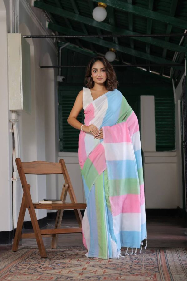 Kz Stripe Cotton Saree 1 Maslin Cotton Digital Geometric Stripe Printed Saree Catalog Wholesale Collection - Image 8