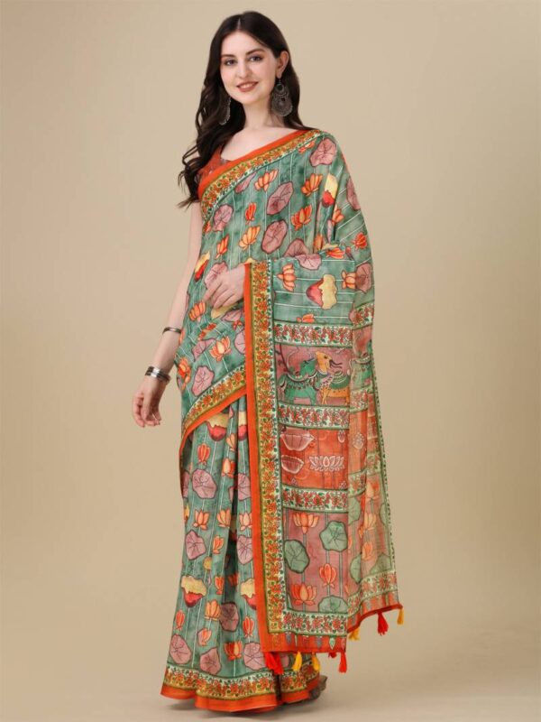 Kz Kalamkari Saree 1 Lilen Zari Patta Digital Kalamkari Printed Saree Catalog Wholesale Collection - Image 2