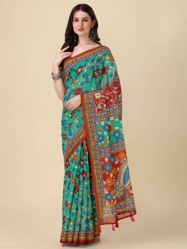 Kz Kalamkari Saree 1 Lilen Zari Patta Digital Kalamkari Printed Saree Catalog Wholesale Collection - Image 3
