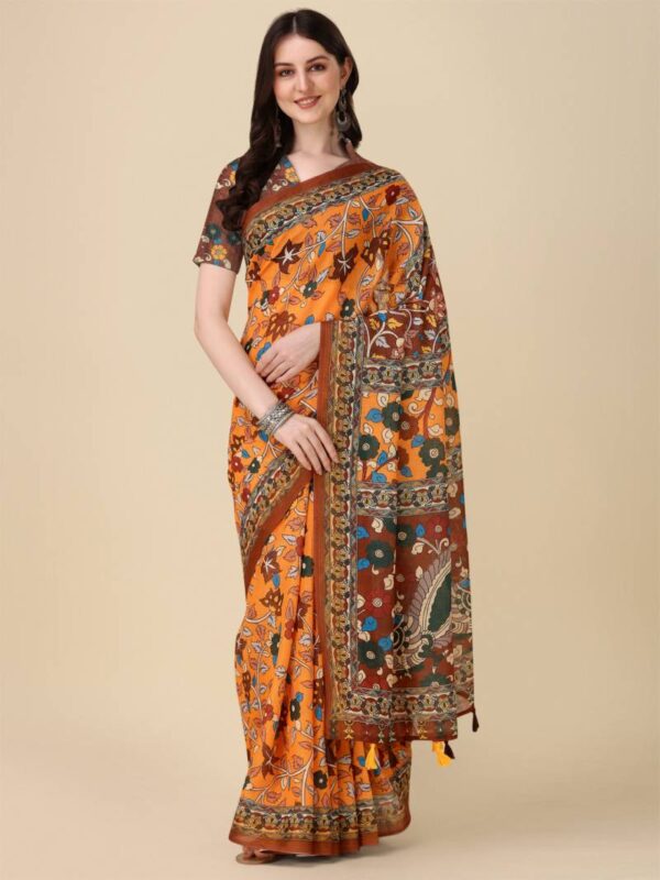 Kz Kalamkari Saree 1 Lilen Zari Patta Digital Kalamkari Printed Saree Catalog Wholesale Collection - Image 4