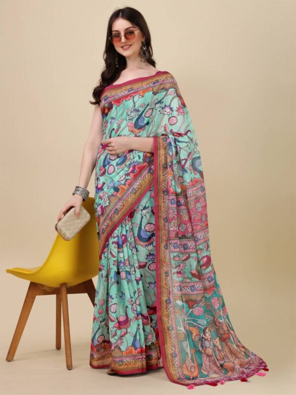 Kz Kalamkari Saree 1 Lilen Zari Patta Digital Kalamkari Printed Saree Catalog Wholesale Collection - Image 5