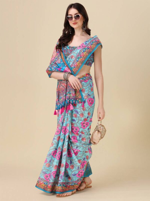 Kz Kalamkari Saree 1 Lilen Zari Patta Digital Kalamkari Printed Saree Catalog Wholesale Collection