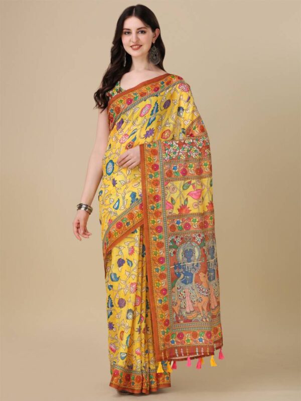 Kz Kalamkari Saree 1 Lilen Zari Patta Digital Kalamkari Printed Saree Catalog Wholesale Collection - Image 6