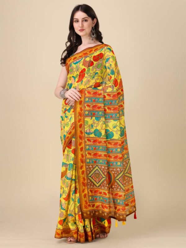 Kz Kalamkari Saree 1 Lilen Zari Patta Digital Kalamkari Printed Saree Catalog Wholesale Collection - Image 7