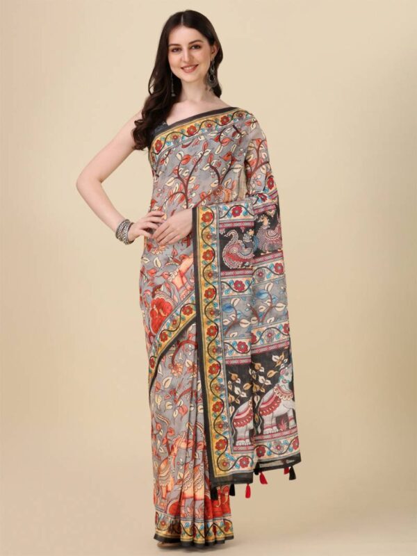 Kz Kalamkari Saree 1 Lilen Zari Patta Digital Kalamkari Printed Saree Catalog Wholesale Collection - Image 8