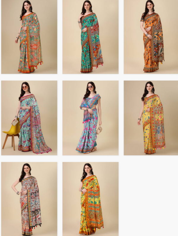 Kz Kalamkari Saree 1 Lilen Zari Patta Digital Kalamkari Printed Saree Catalog Wholesale Collection - Image 9