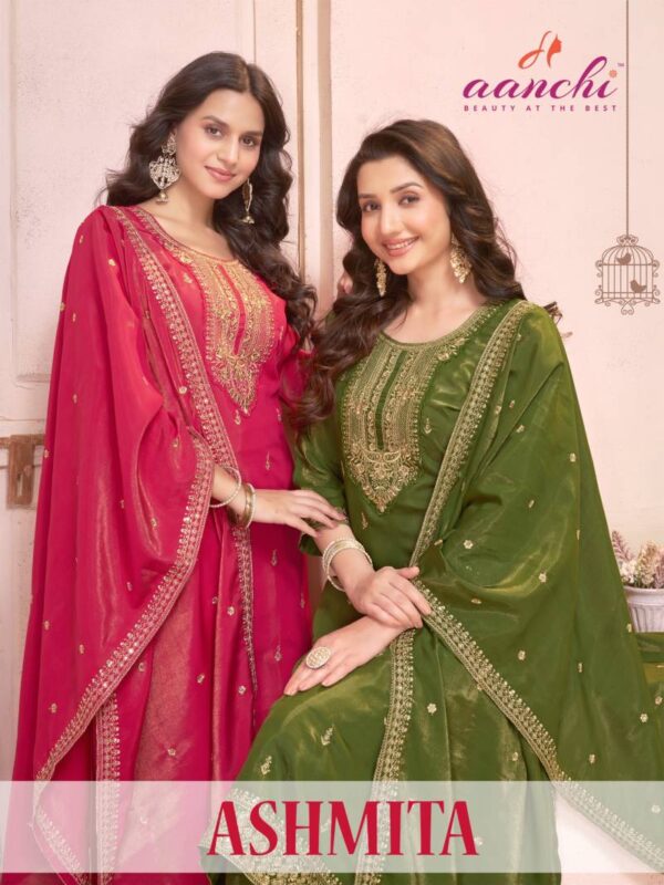 Aanchi Ashmita Roman Shimmer Kurti Bottom With Dupatta Catalog Wholesale Collection