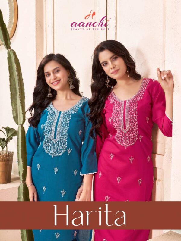 Aanchi Harita Vatican Straight Embroidered Kurti Catalog Wholesale Collection