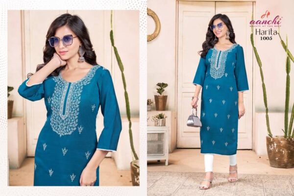 Aanchi Harita Vatican Straight Embroidered Kurti Catalog Wholesale Collection - Image 5
