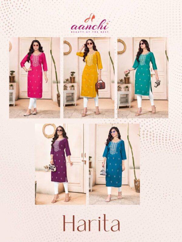 Aanchi Harita Vatican Straight Embroidered Kurti Catalog Wholesale Collection - Image 7