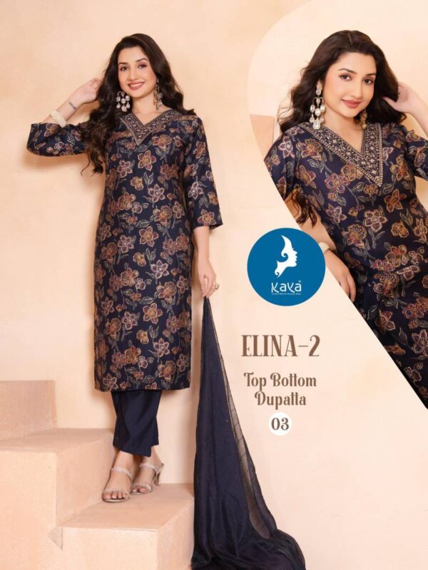 Kaya Elina 2 Vertican Printed With Foil Kurti Pant With Dupatta Catalog Wholesale Collection - Image 2