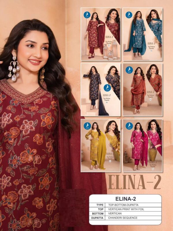Kaya Elina 2 Vertican Printed With Foil Kurti Pant With Dupatta Catalog Wholesale Collection - Image 8
