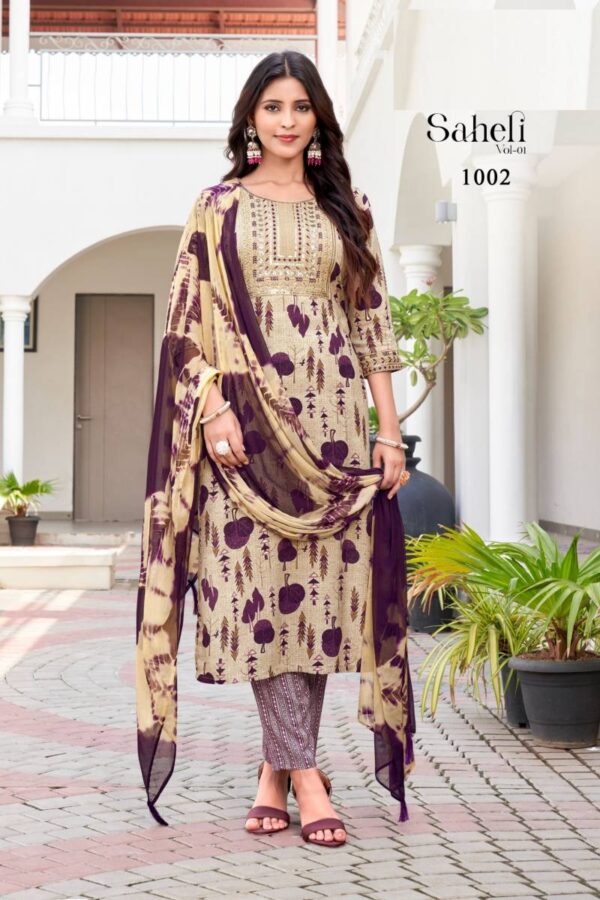 Saheli Vol 1 Rayon Foil Printed Kurti Bottom With Dupatta Catalog Wholesale Collection - Image 3