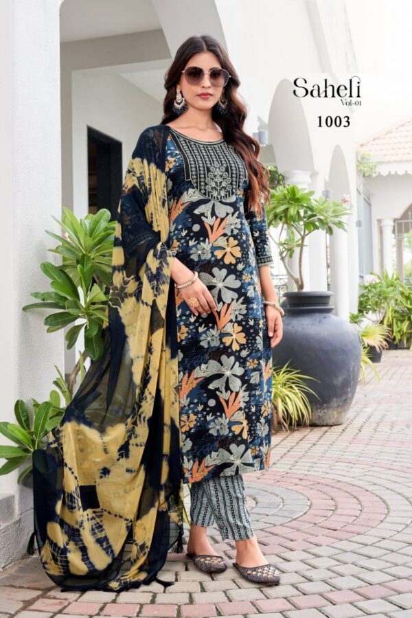 Saheli Vol 1 Rayon Foil Printed Kurti Bottom With Dupatta Catalog Wholesale Collection - Image 4