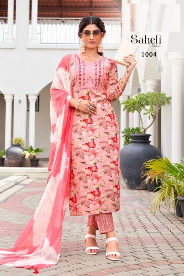 Saheli Vol 1 Rayon Foil Printed Kurti Bottom With Dupatta Catalog Wholesale Collection - Image 5