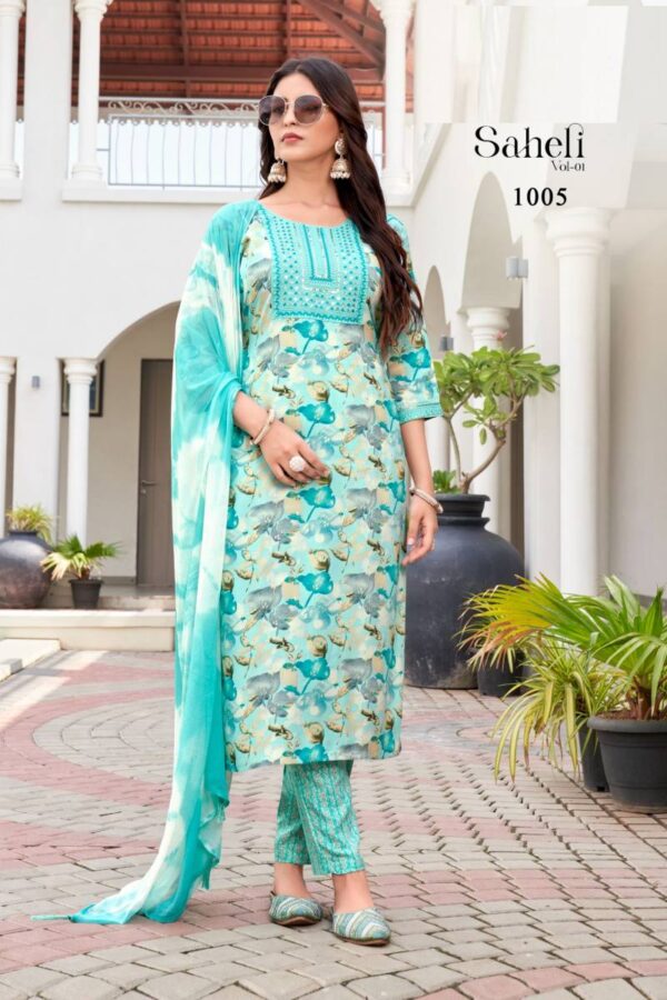 Saheli Vol 1 Rayon Foil Printed Kurti Bottom With Dupatta Catalog Wholesale Collection - Image 6