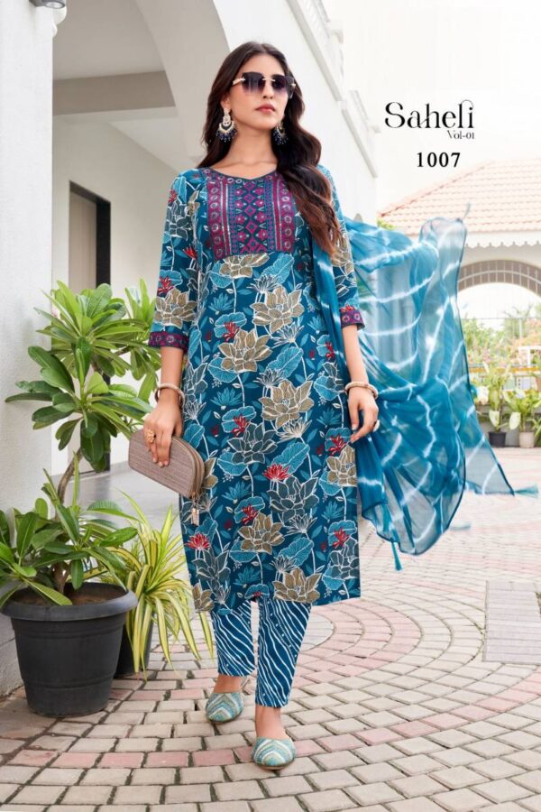 Saheli Vol 1 Rayon Foil Printed Kurti Bottom With Dupatta Catalog Wholesale Collection - Image 7