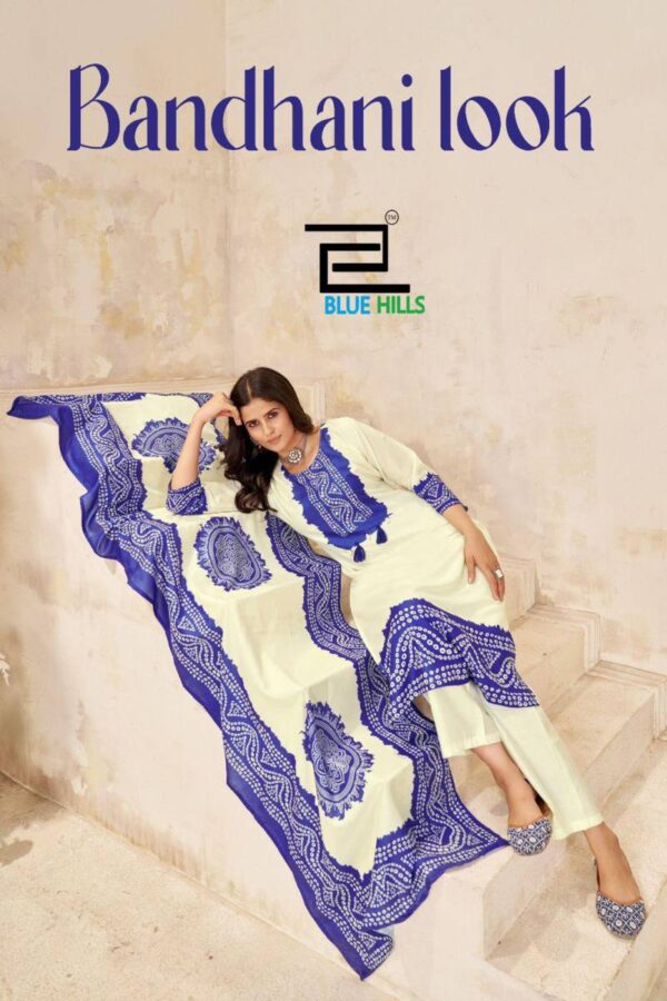 Blue Hills Bandhani Look Poly Muslin Digital Readymade Catalog Wholesale Collection