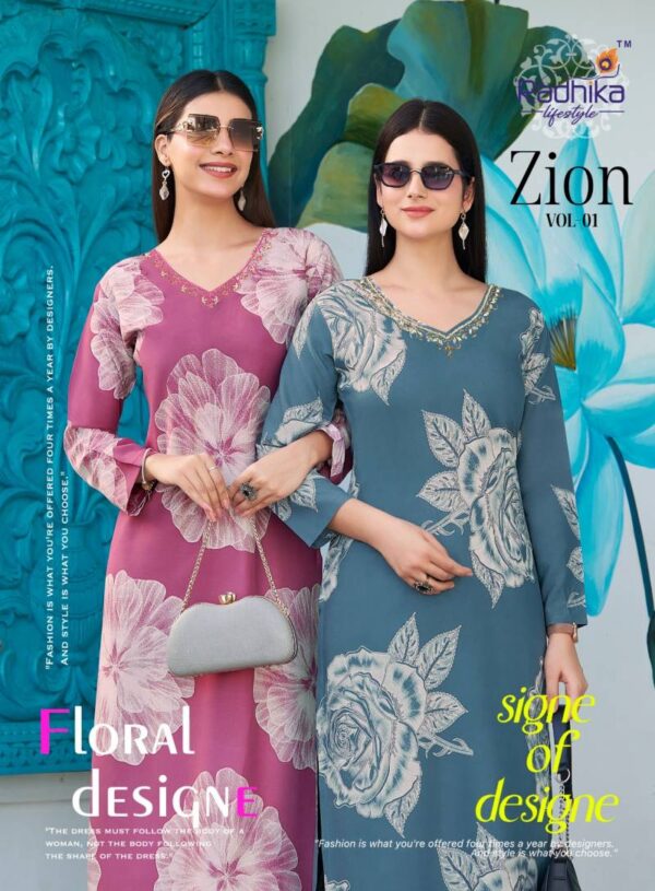 Radhika Zion Vol 1 Rayon Discharge Foil Printed Kurti With Pant Catalog Wholesale Collection