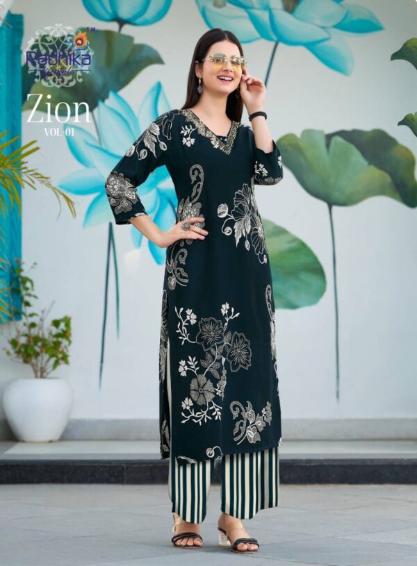 Radhika Zion Vol 1 Rayon Discharge Foil Printed Kurti With Pant Catalog Wholesale Collection - Image 2
