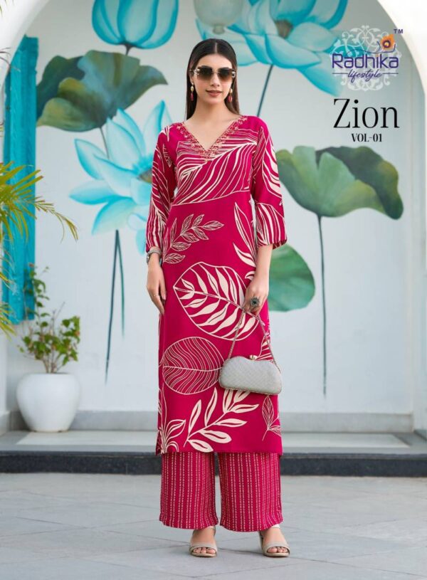 Radhika Zion Vol 1 Rayon Discharge Foil Printed Kurti With Pant Catalog Wholesale Collection - Image 3