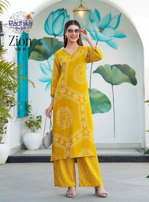 Radhika Zion Vol 1 Rayon Discharge Foil Printed Kurti With Pant Catalog Wholesale Collection - Image 4