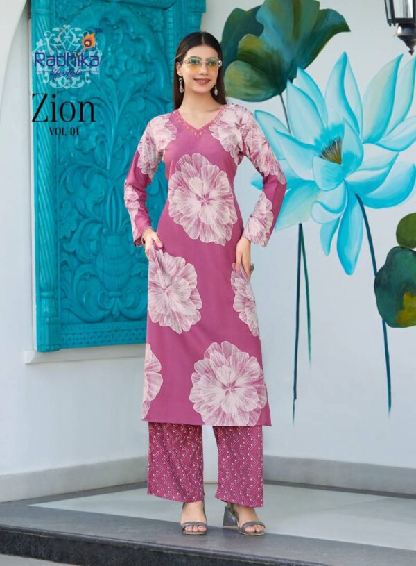 Radhika Zion Vol 1 Rayon Discharge Foil Printed Kurti With Pant Catalog Wholesale Collection - Image 5