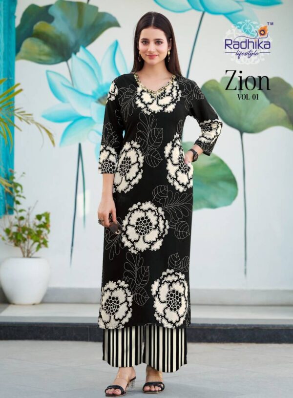 Radhika Zion Vol 1 Rayon Discharge Foil Printed Kurti With Pant Catalog Wholesale Collection - Image 6